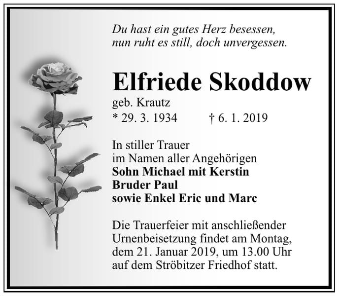 Traueranzeige Elfriede Skoddow, geb. Krautz