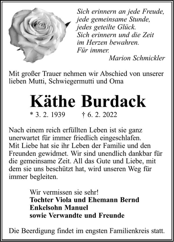 Traueranzeige Käthe Burdack