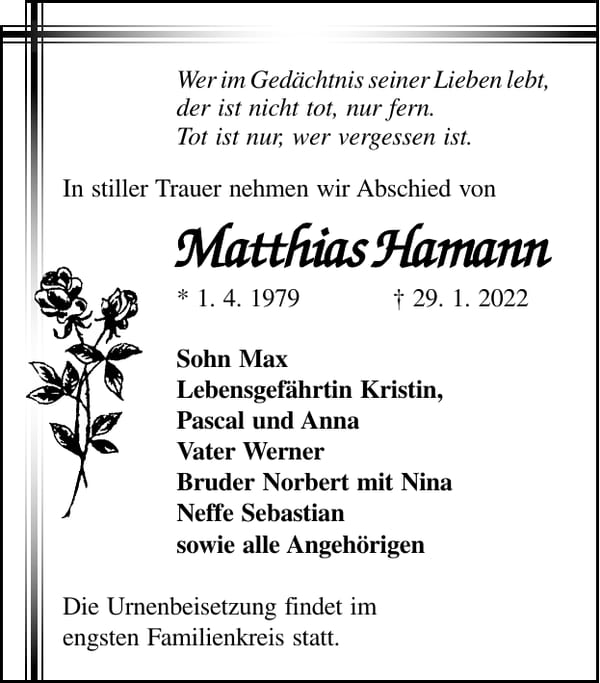Traueranzeige Matthias Hamann