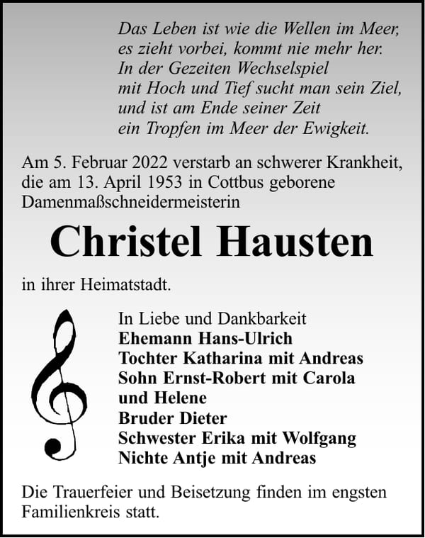 Traueranzeige Christel Hausten