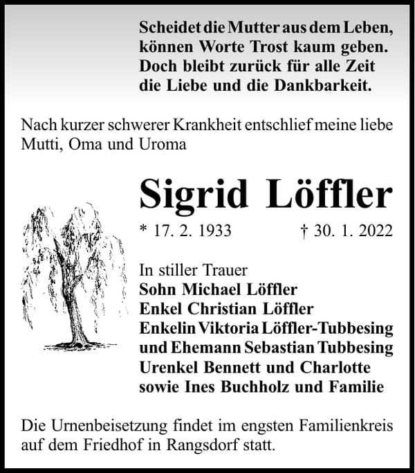 Traueranzeige Sigrid Löffler