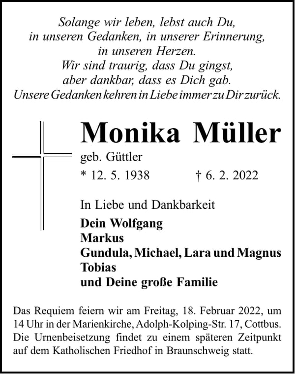 Traueranzeige Monika Müller, geb. Güttler