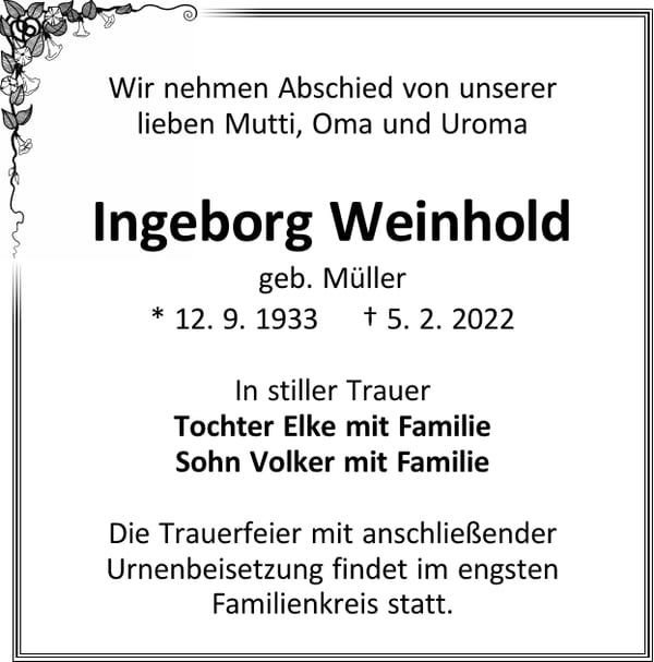 Traueranzeige Ingeborg Weinhold, geb. Müller