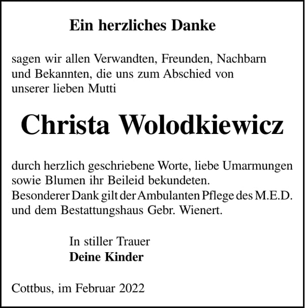 Danksagung Christa Wolodkiewicz