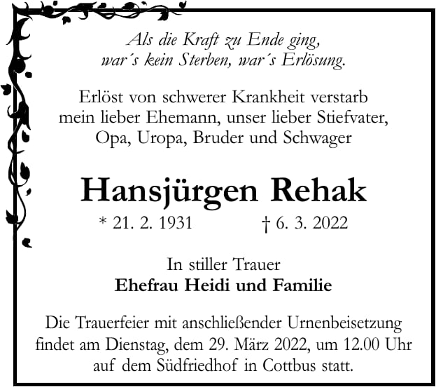 Traueranzeige Hansjürgen Rehak