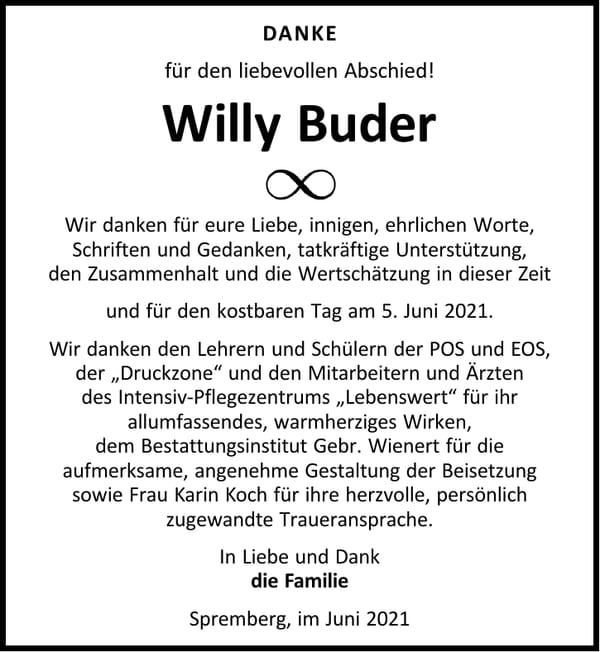 Danksagung Willy Buder
