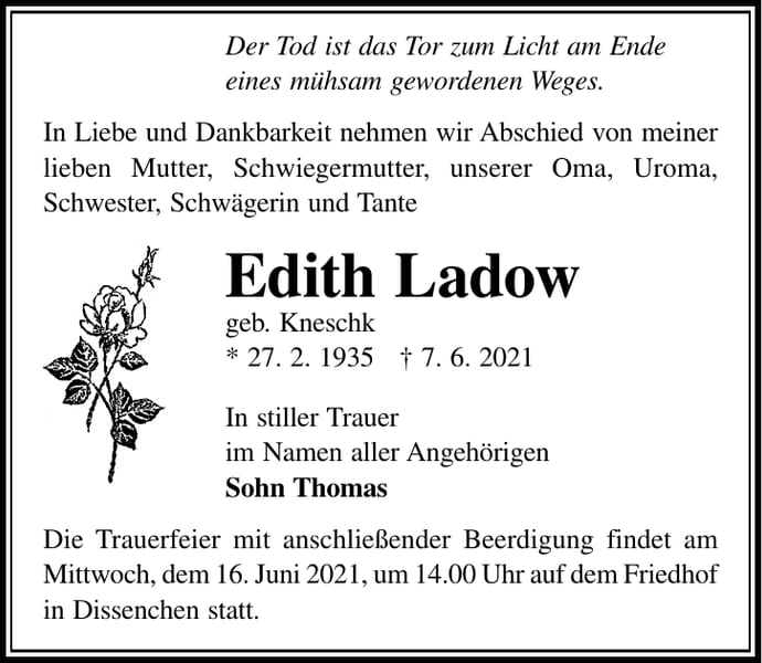 Traueranzeige Edith Ladow, geb. Kneschk