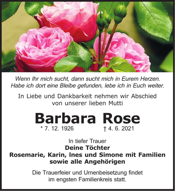 Traueranzeige Barbara Rose
