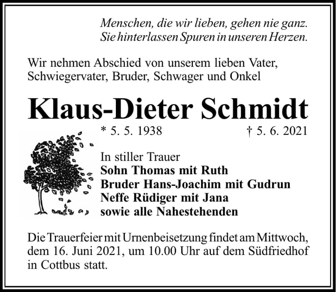 Traueranzeige Klaus-Dieter Schmidt