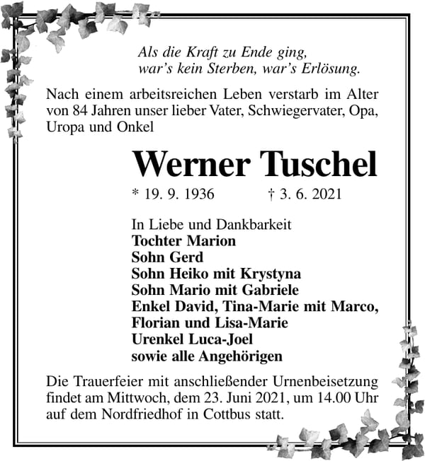 Traueranzeige Werner Tuschel