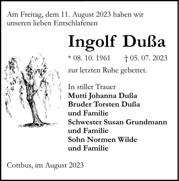 Traueranzeige Ingolf Dußa