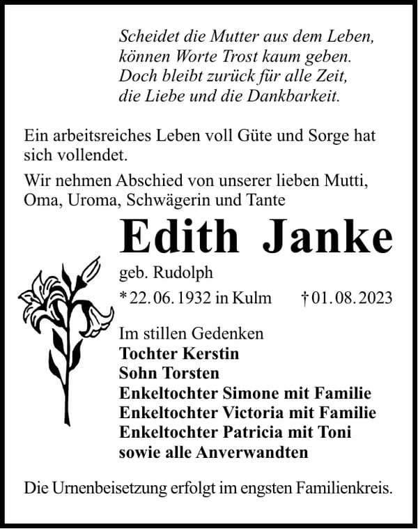 Traueranzeige Edith Janke, geb. Rudolph