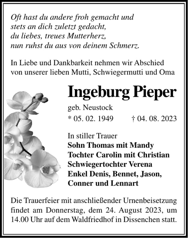 Traueranzeige Ingeburg Pieper, geb. Neustock