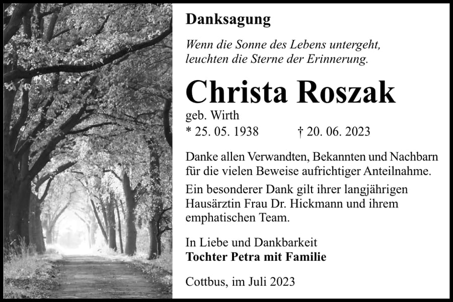 Danksagung Christa Roszak, geb. Wirth