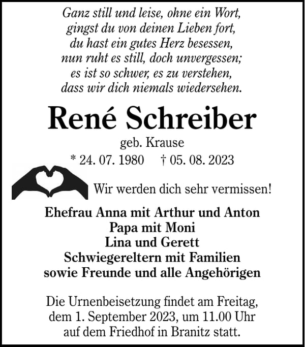 Traueranzeige René Schreiber, geb. Krause