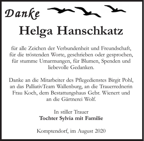 Danksagung Helga Hanschkatz