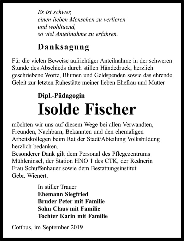 Danksagung Isolde Fischer