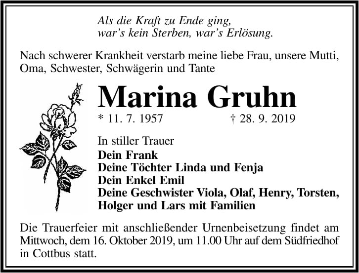 Traueranzeige Marina Gruhn
