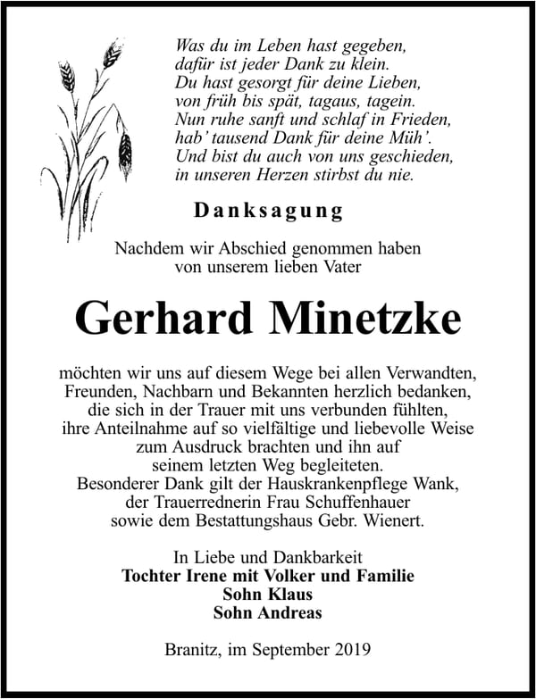 Danksagung Gerhard Minetzke
