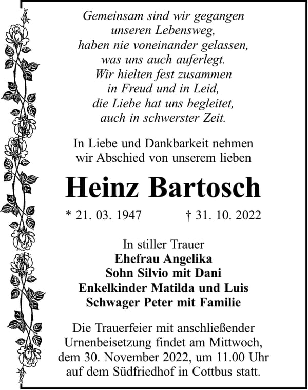 Traueranzeige Heinz Bartosch