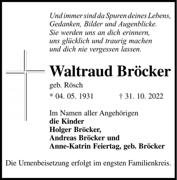 Traueranzeige Waltraud Bröcker, geb. Rösch
