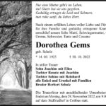 Traueranzeige Dorothea Gems, geb. Scholz