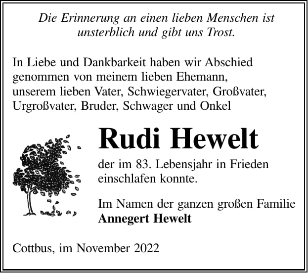 Traueranzeige Rudi Hewelt