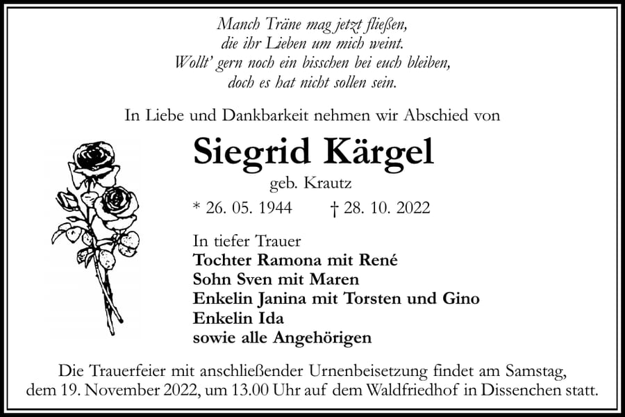 Traueranzeige Siegrid Kärgel, geb. Krautz