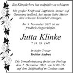 Traueranzeige Jutta Klinke