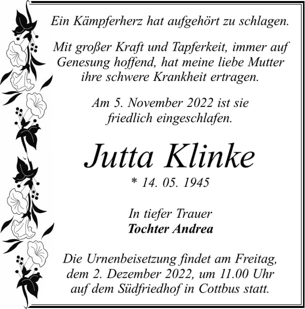 Traueranzeige Jutta Klinke