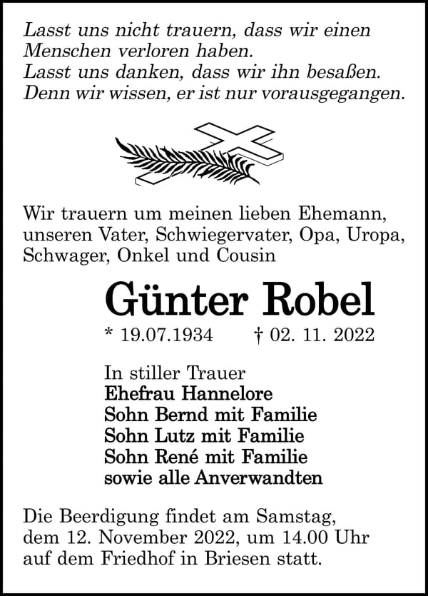 Traueranzeige Günter Robel