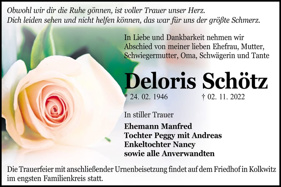 Traueranzeige Deloris Schötz