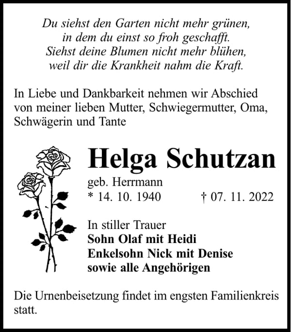 Traueranzeige Helga Schutzan, geb. Herrmann