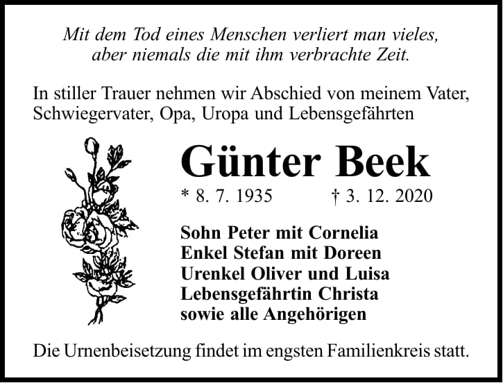 Traueranzeige Günter Beek