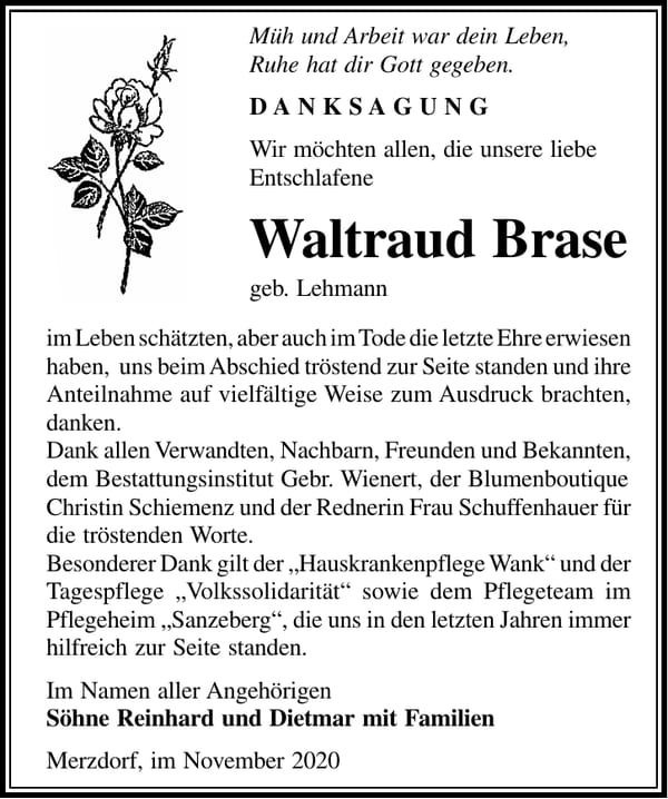 Danksagung Waltraud Brase, geb. Lehmann