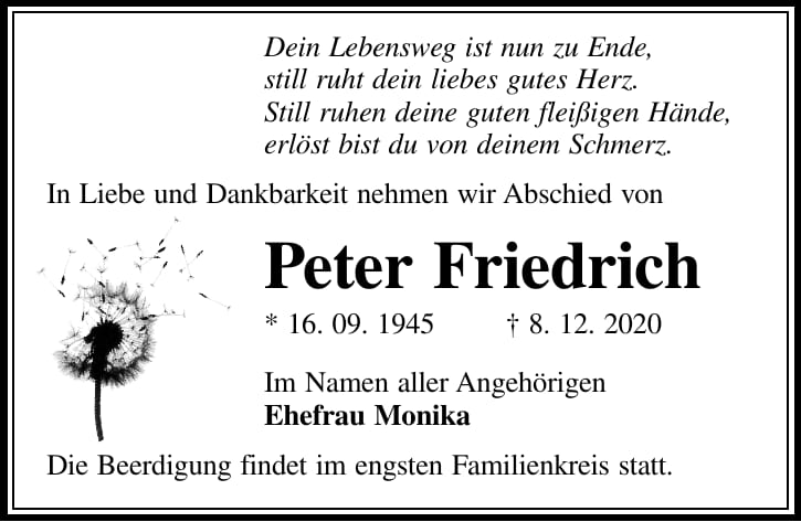 Traueranzeige Peter Friedrich