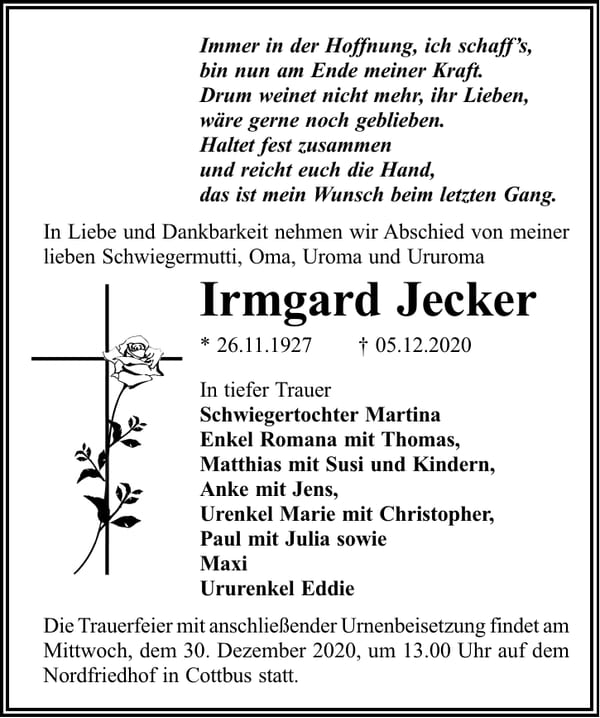 Traueranzeige Irmgard Jecker