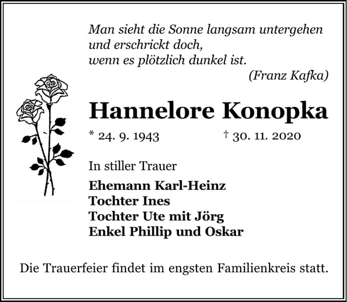 Traueranzeige Hannelore Konopka