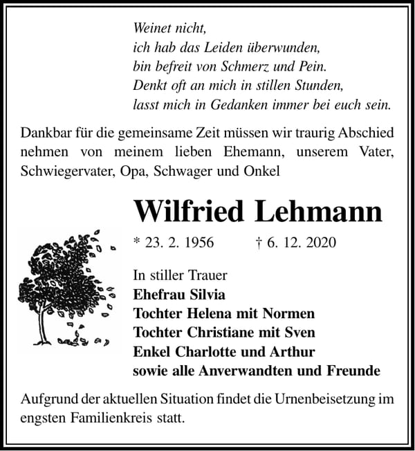Traueranzeige Wilfried Lehmann