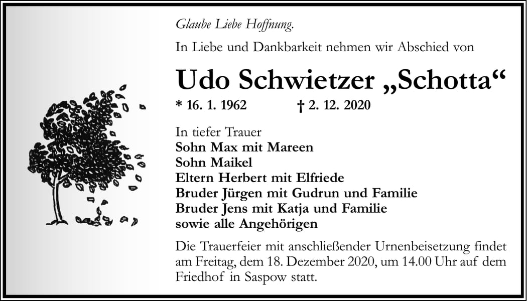 Traueranzeige Udo Schwietzer „Schotta“