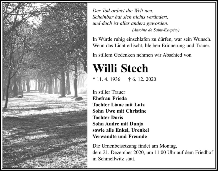 Traueranzeige Willi Stech