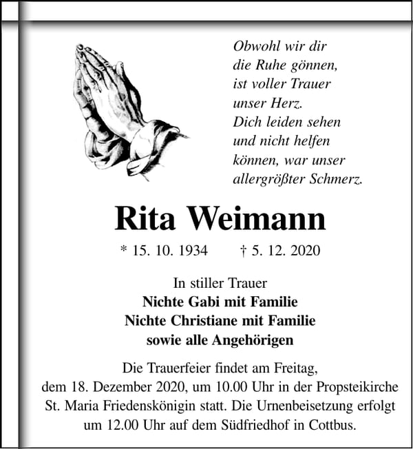 Traueranzeige Rita Weimann