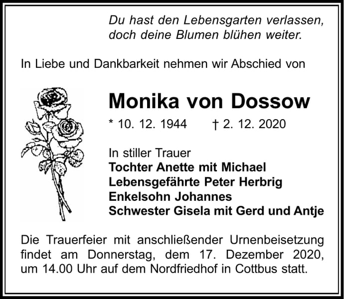 Traueranzeige Monika von Dossow
