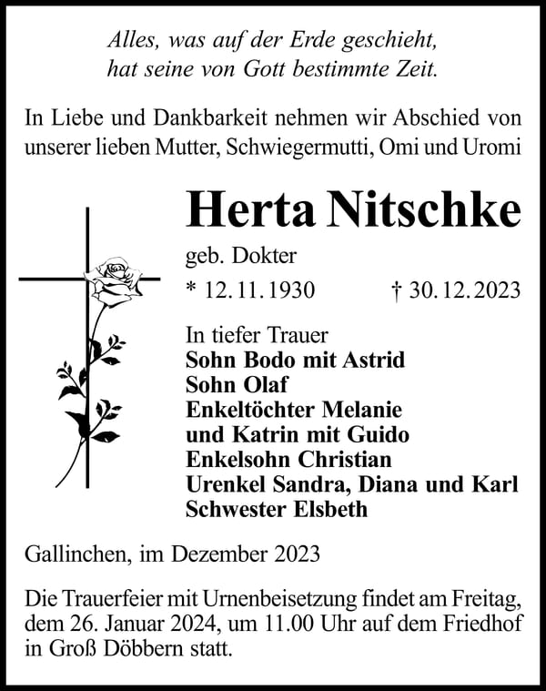 Traueranzeige Herta Nitschke, geb. Dokter