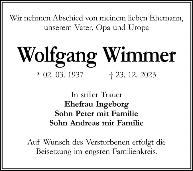 Traueranzeige Wolfgang Wimmer