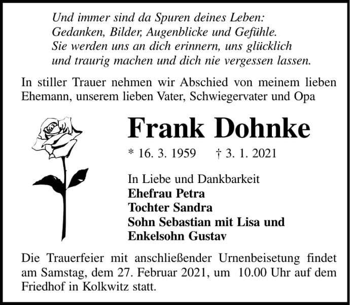 Traueranzeige Frank Dohnke