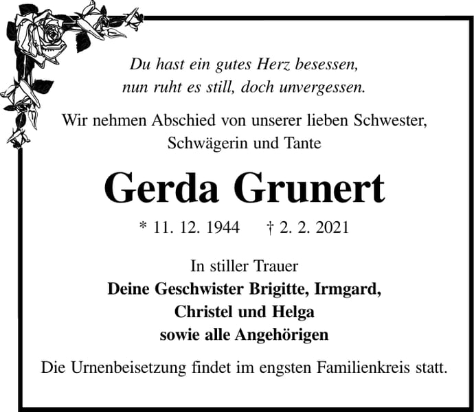 Traueranzeige Gerda Grunert