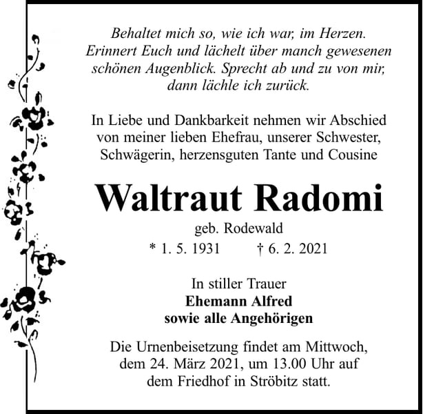 Traueranzeige Waltraut Radomi, geb. Rodewald