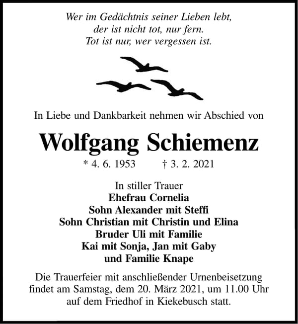Traueranzeige Wolfgang Schiemenz