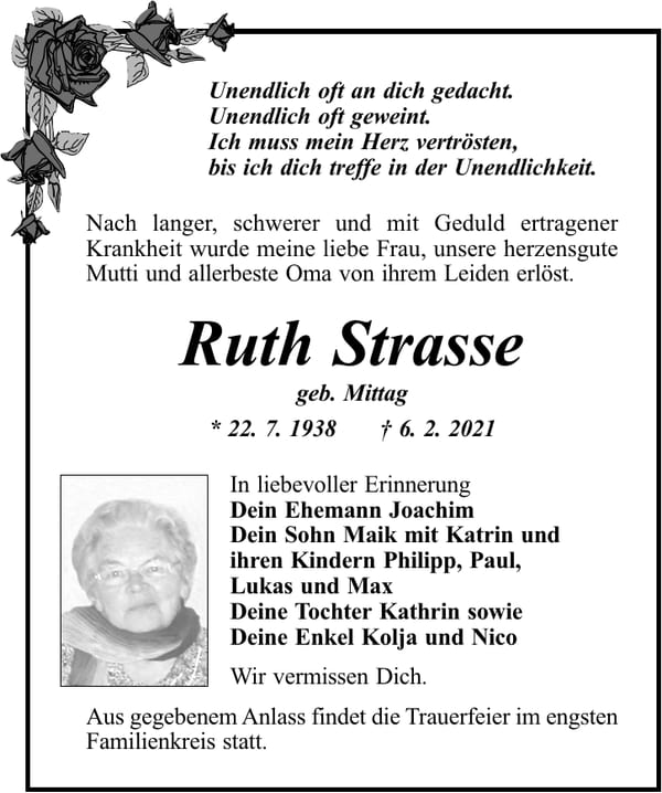 Traueranzeige Ruth Strasse, geb. Mittag